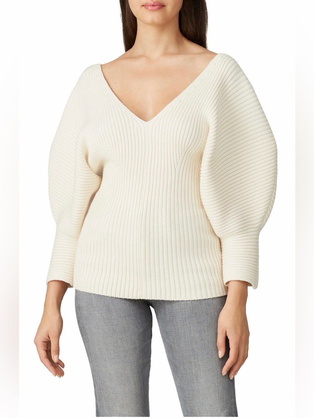 Mara Hoffman~Cream Olia Ribbed V-Neck Sweater with Balloon Sleeves~Sz Small~$395